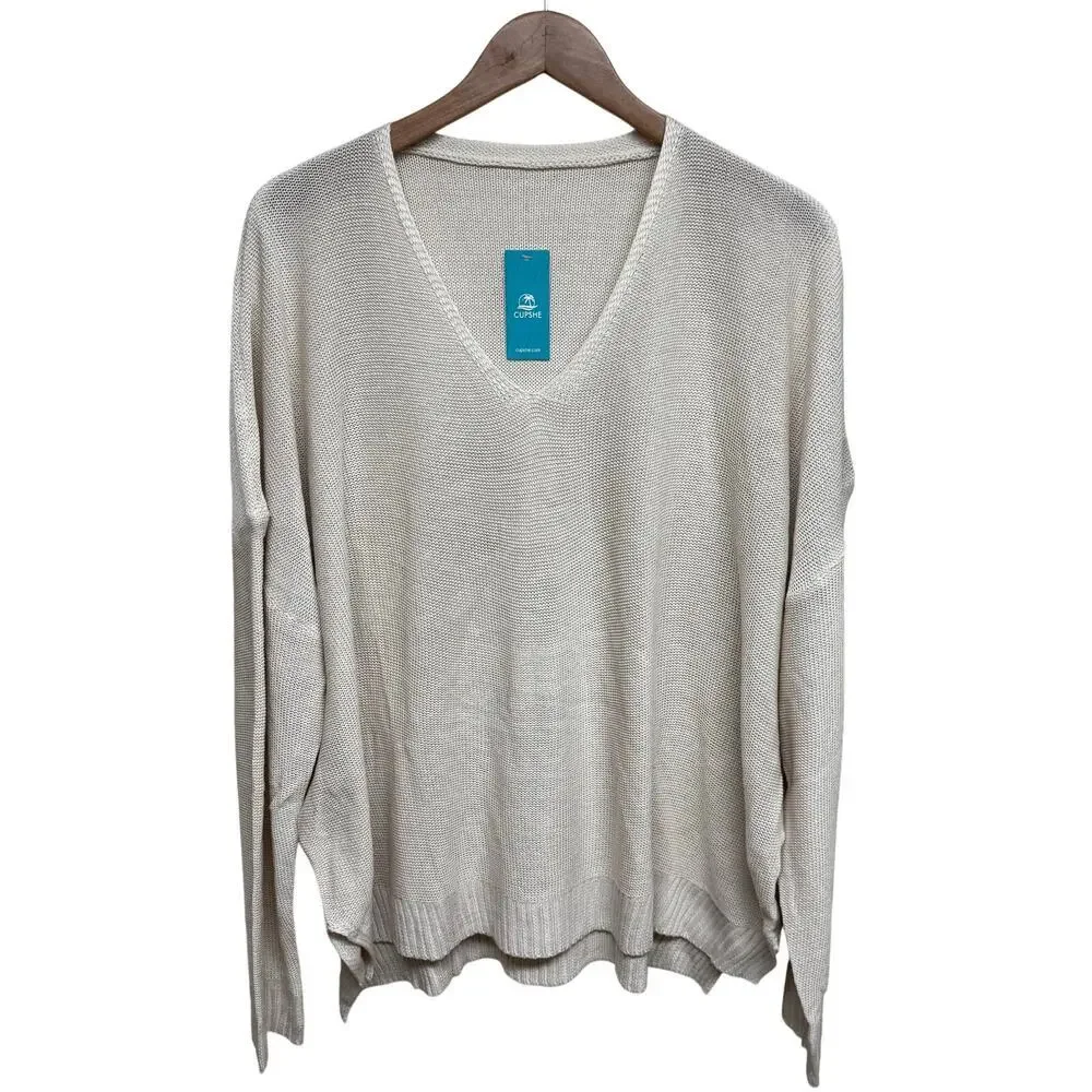 Cupshe V Neck Knit Sweater Beige Oversized Lightweight XL NWT - Picture 2 of 8